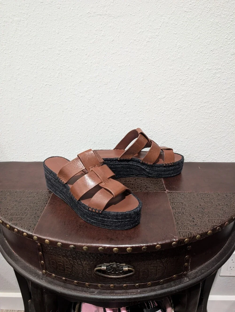 Vince Mahogany Leather Espadrille Platform Wedge Slide Sandals - Size 9M